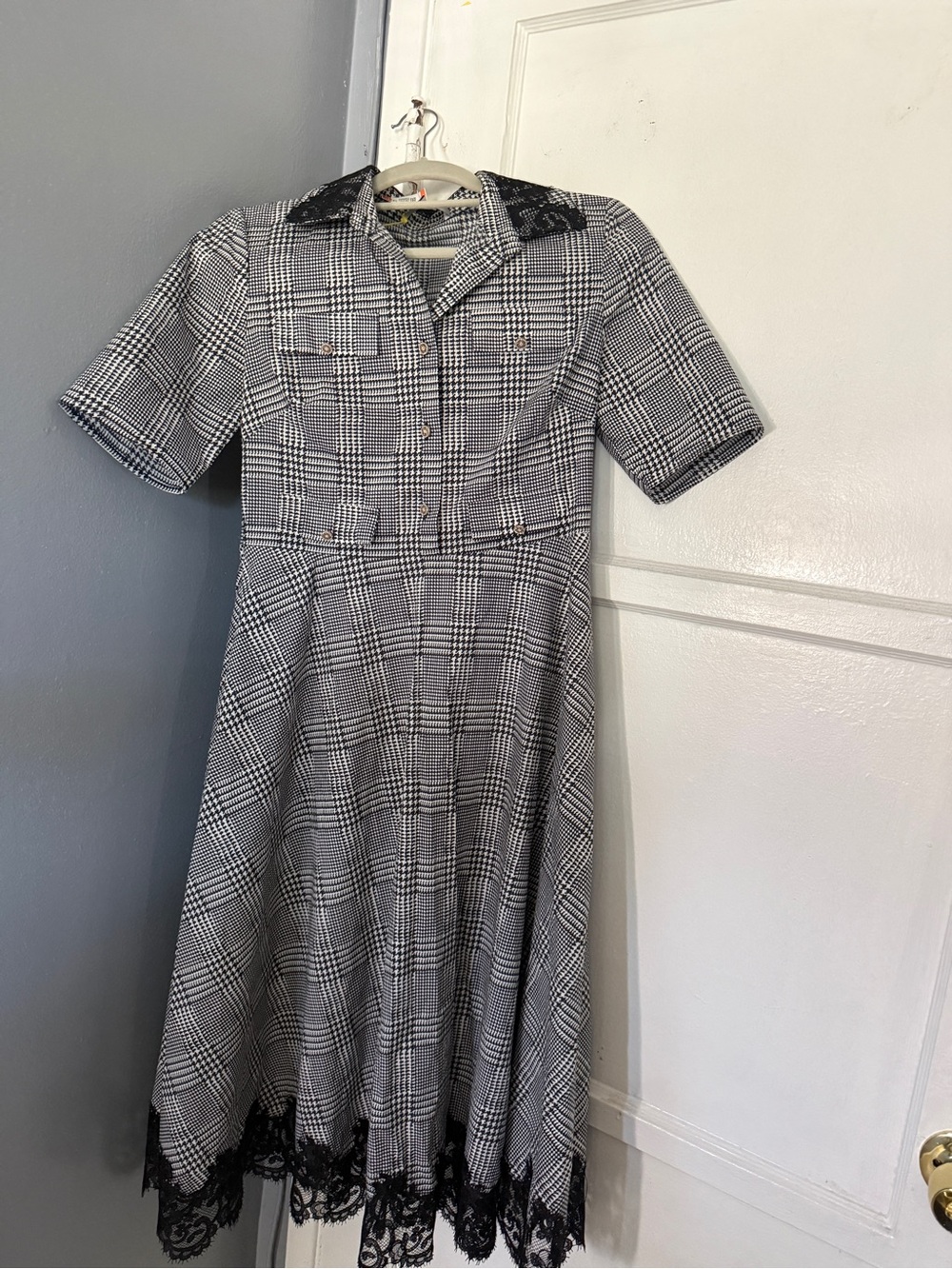 Christian Dior Black & White Plaid A-Line Dress with Lace Trim size M